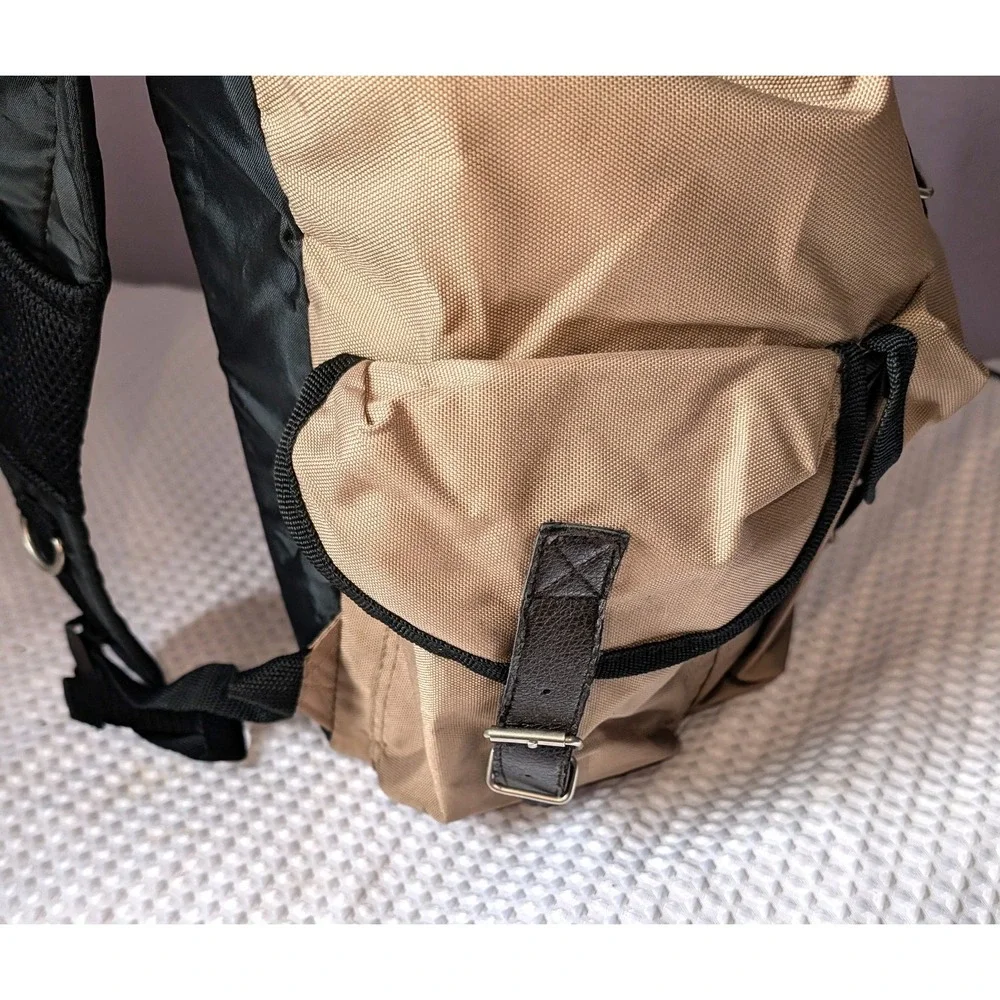 Vintage Sierra Club Backpack Tan Nylon Canvas Faux Leather Logo 14x6.5x10 inches